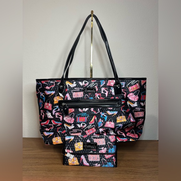Harrods Tote with matching Wallet Black with shoe/handbag print - Picture 1 of 11
